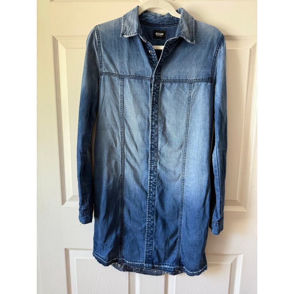 Hudson Tricia Utility Chambray Denim‎ Shirt Dress Snap Front Raw Hem Size Small